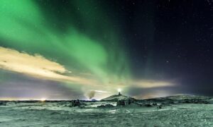 Winter aurora, Northern lights landscape
