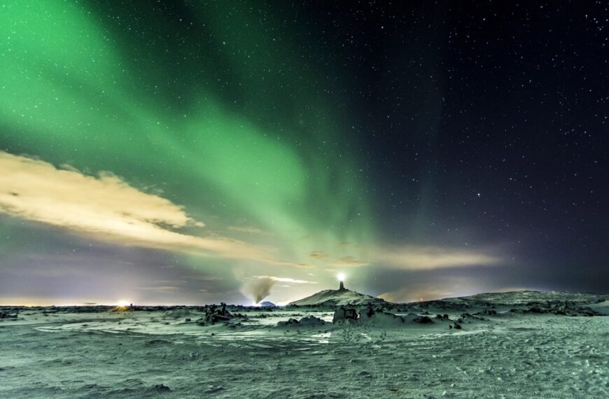 Winter aurora, Northern lights landscape