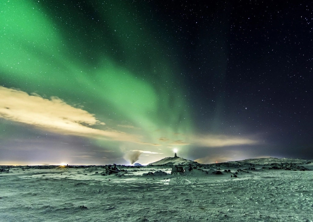 Winter aurora, Northern lights landscape