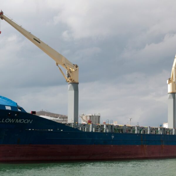Yellow Moon container ship docked in Auckland harbour